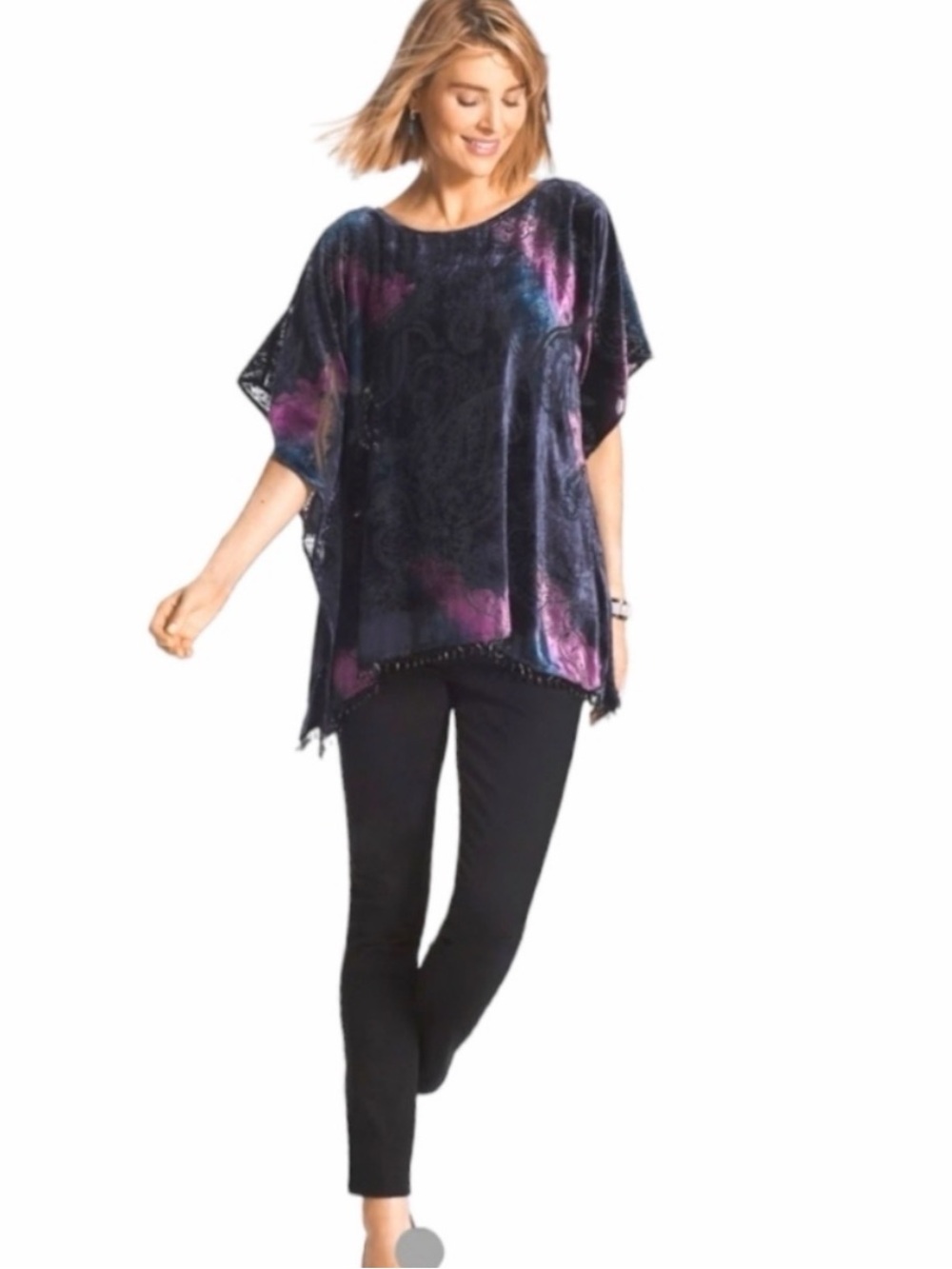 Chicos velvet burnout fringe poncho size s/m